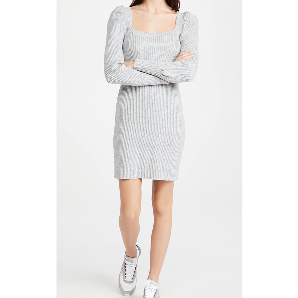 WAYF Square Neck Ribbed Knit Puff Sleeves Sweater Dress